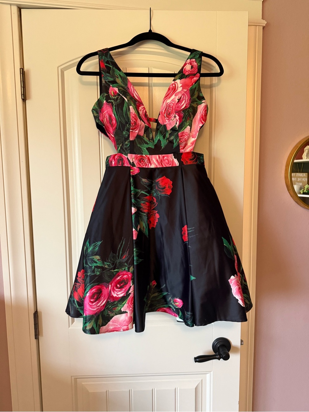 JVN by Jovani Black Mini Dress with Pink Rose Print